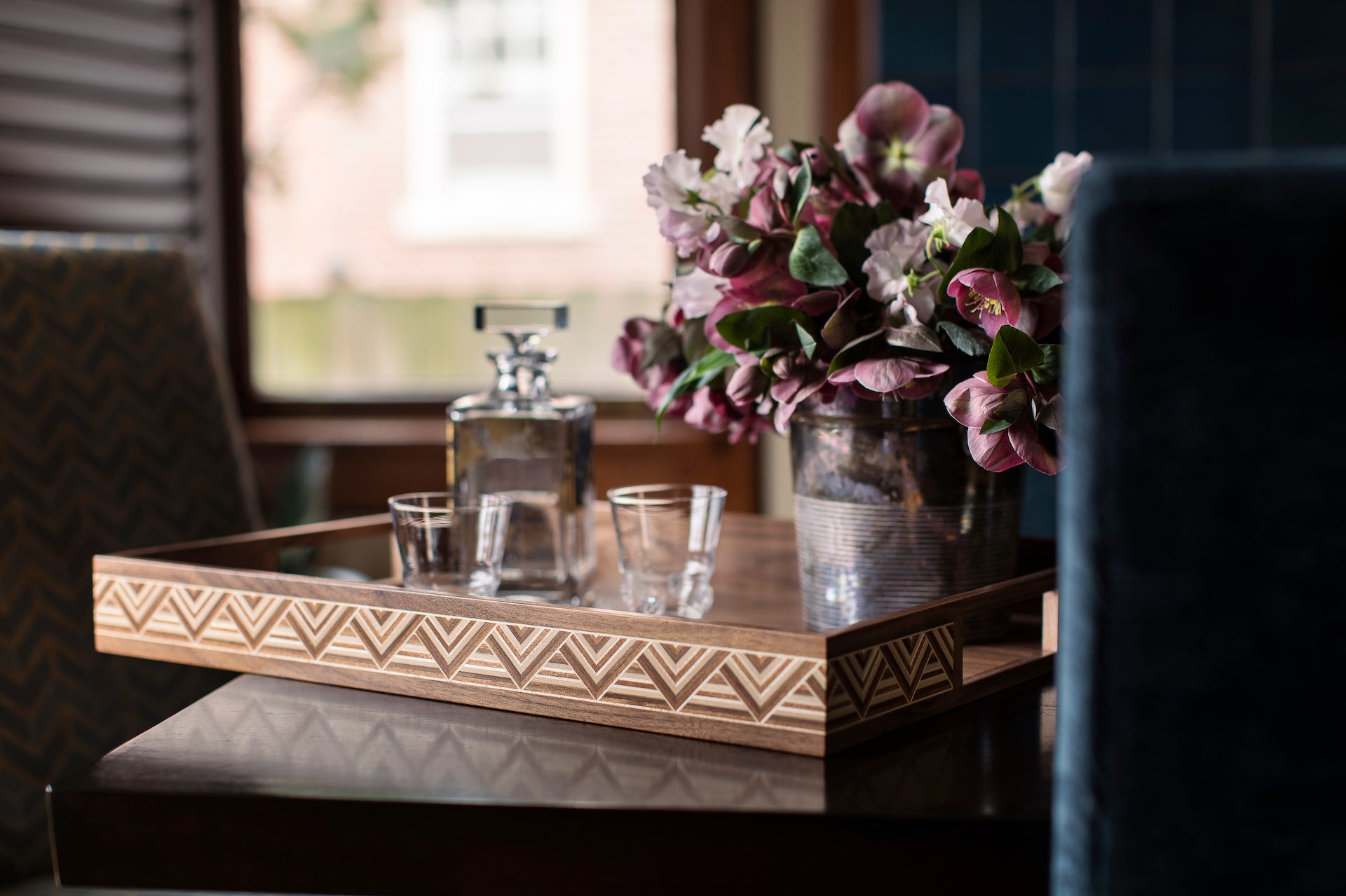 Haupt Tray in Walnut styled on coffee table – Luxury home accessory by Ättlingar